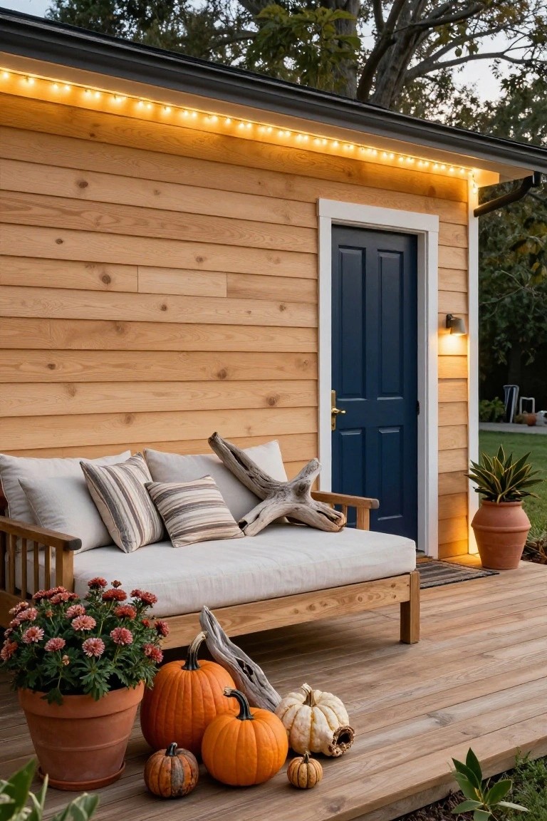 Wooden building with cedar siding and navy blue door on a deck, outdoor bench with gray cushions, striped pillows, driftwood, potted plants, and assorted pumpkins nearby, string lights along the roofline.
