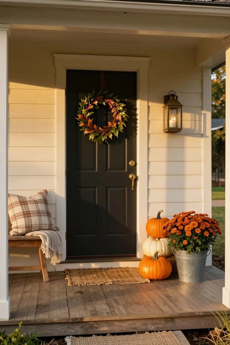 Front porch with beige clapboard siding, black door hung with autumn leaf wreath, brass lantern light, wooden bench holding plaid pillows and cream throw blanket, stacked orange and white pumpkins beside galvanized bucket of orange mums, seagrass mats on wooden deck.