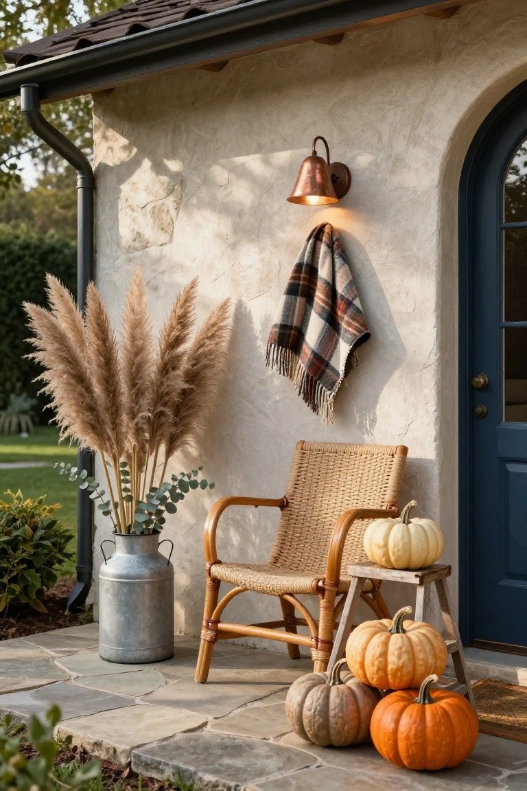 Beige stucco front porch wall with navy arched door, copper wall lantern, hanging plaid blanket, tall pampas grass stems, galvanized milk can with eucalyptus branches, rattan armchair on wooden stool topped with white pumpkins, and assorted pumpkins on stone pavers.
