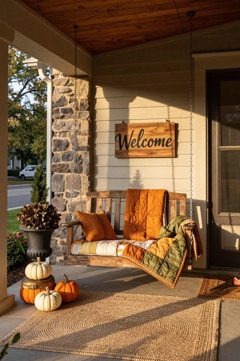 Front porch with wooden hanging swing draped in orange and green quilts and pillows, white and orange pumpkins on the ground, potted plants, and a wooden "Welcome" sign hanging nearby.