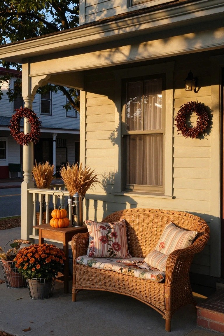 Beige clapboard house front porch with wicker loveseat on cushions, side table holding pumpkins, wheat sheaves, mum plants in metal buckets, and fall wreaths on posts and door, in late afternoon light.
