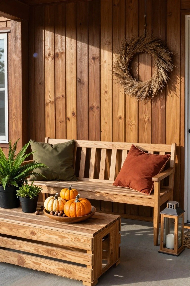 Covered wooden porch with paneled walls, a wooden bench with green and rust pillows, wooden coffee table holding small pumpkins and plants in black pots, wheat wreath on wall, and lantern on floor.