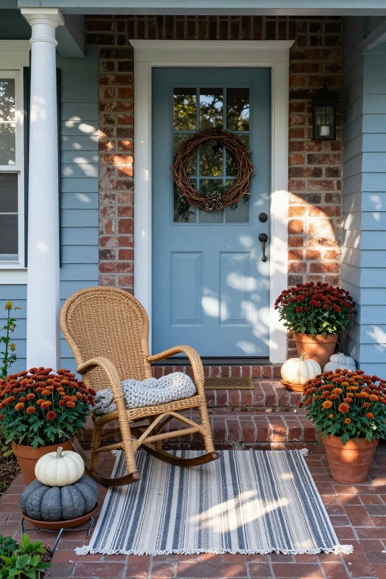 Front porch with blue door, wicker rocker, mums, and pumpkins.