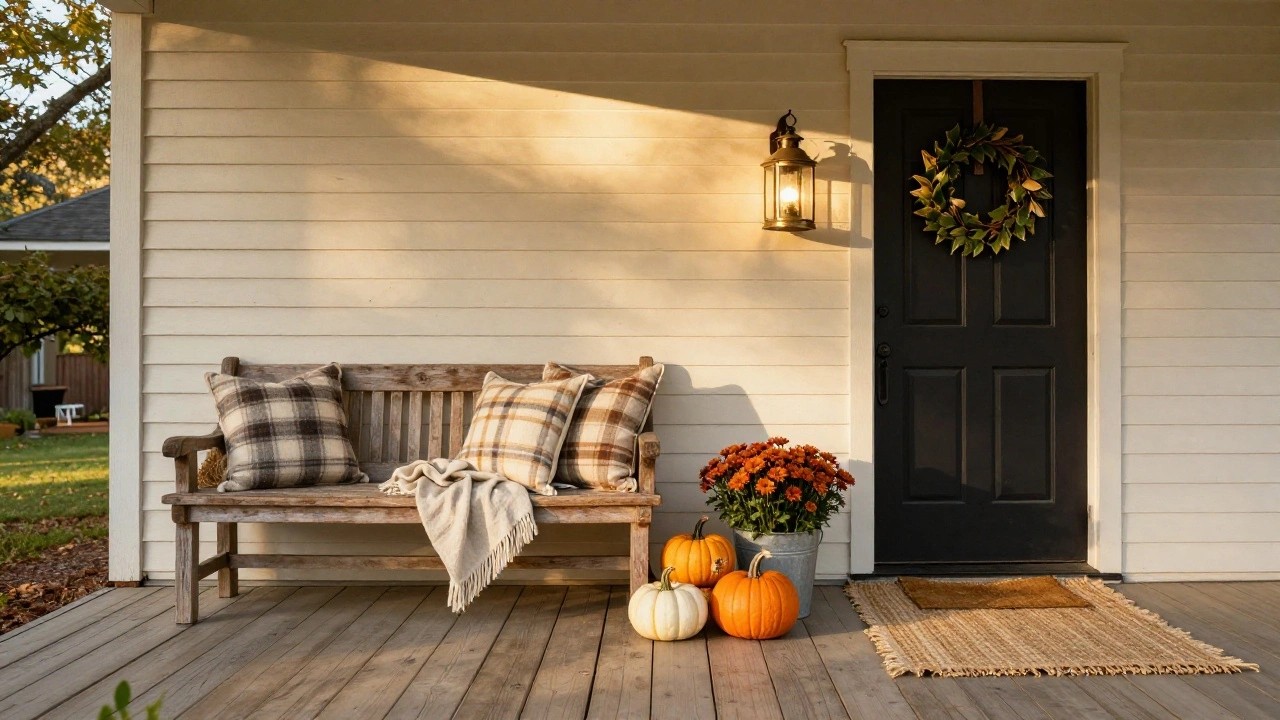 Front porch with beige clapboard siding, black door hung with autumn leaf wreath, brass lantern light, wooden bench holding plaid pillows and cream throw blanket, stacked orange and white pumpkins beside galvanized bucket of orange mums, seagrass mats on wooden deck.