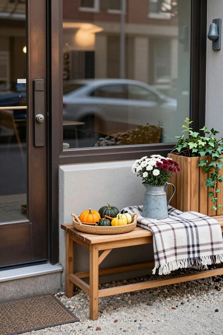 Front porch entrance featuring a wooden bench next to a glass door, topped with a wicker basket of orange and green pumpkins, a galvanized bucket of white and red flowers, a plaid blanket, potted ivy plants in wooden boxes, and a patterned doormat on gravel.