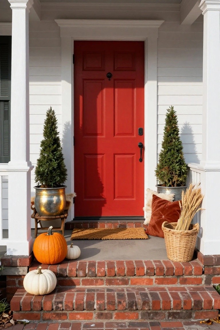 Red door on white house with pumpkins, potted evergreens, and autumn decor.