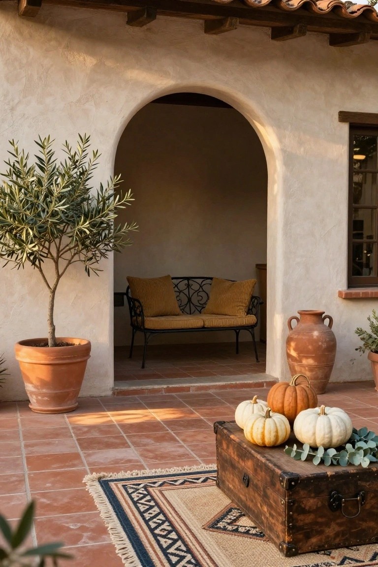 Arched stucco porch entryway with wrought iron bench and tan corduroy cushions, large terracotta pot with olive tree to the side, wooden crate table on terracotta tile floor holding white and orange pumpkins with eucalyptus, additional terracotta pots nearby
