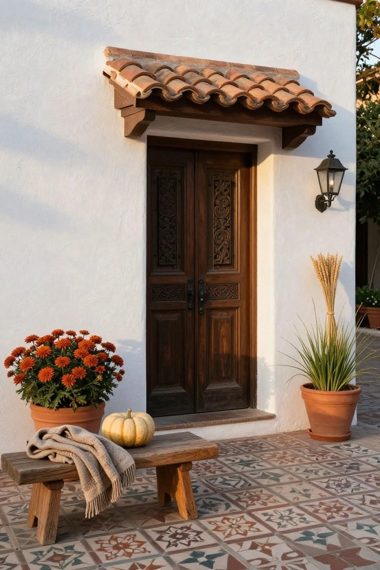 White stucco wall with arched tiled overhang over carved wooden double doors, lantern light, potted orange chrysanthemums and grasses, wheat stalks, small white pumpkin and folded beige throw on rustic wooden bench on colorful tiled porch floor.