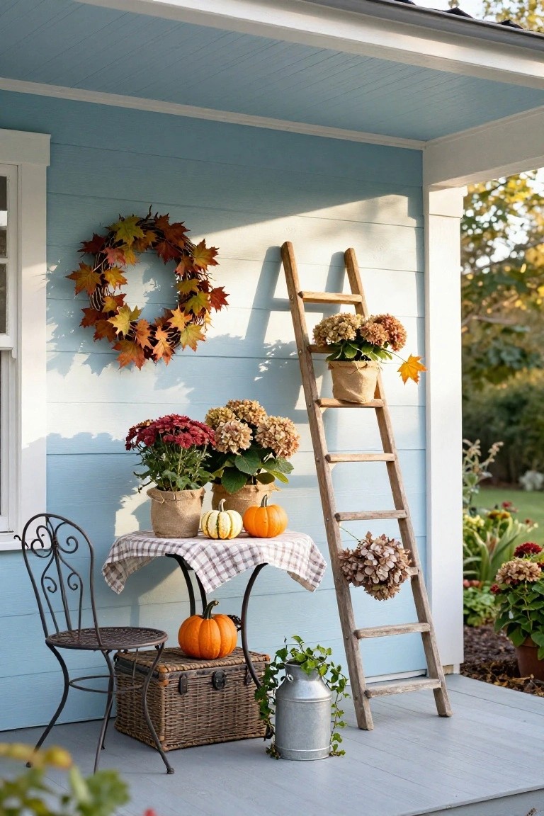 Light blue front porch with a leaning wooden ladder holding potted chrysanthemums, hydrangeas in burlap pots, and hanging hydrangea bundles, plus a small table with pumpkins, a metal chair, woven basket, milk can with ivy, and leaf wreath near the window.