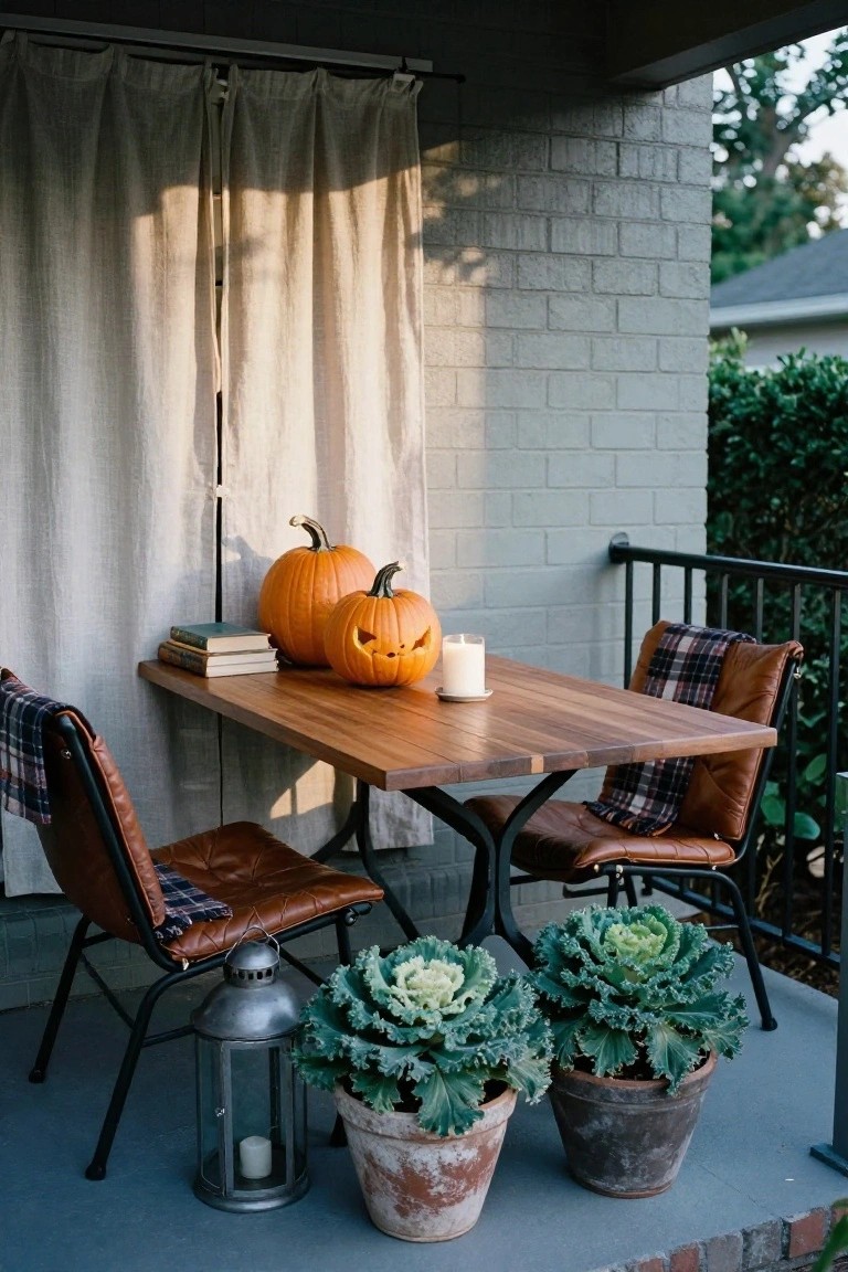 Front porch featuring a wooden table with carved pumpkins, books, candle, and plaid blankets on leather chairs, plus potted kale plants and a metal lantern.