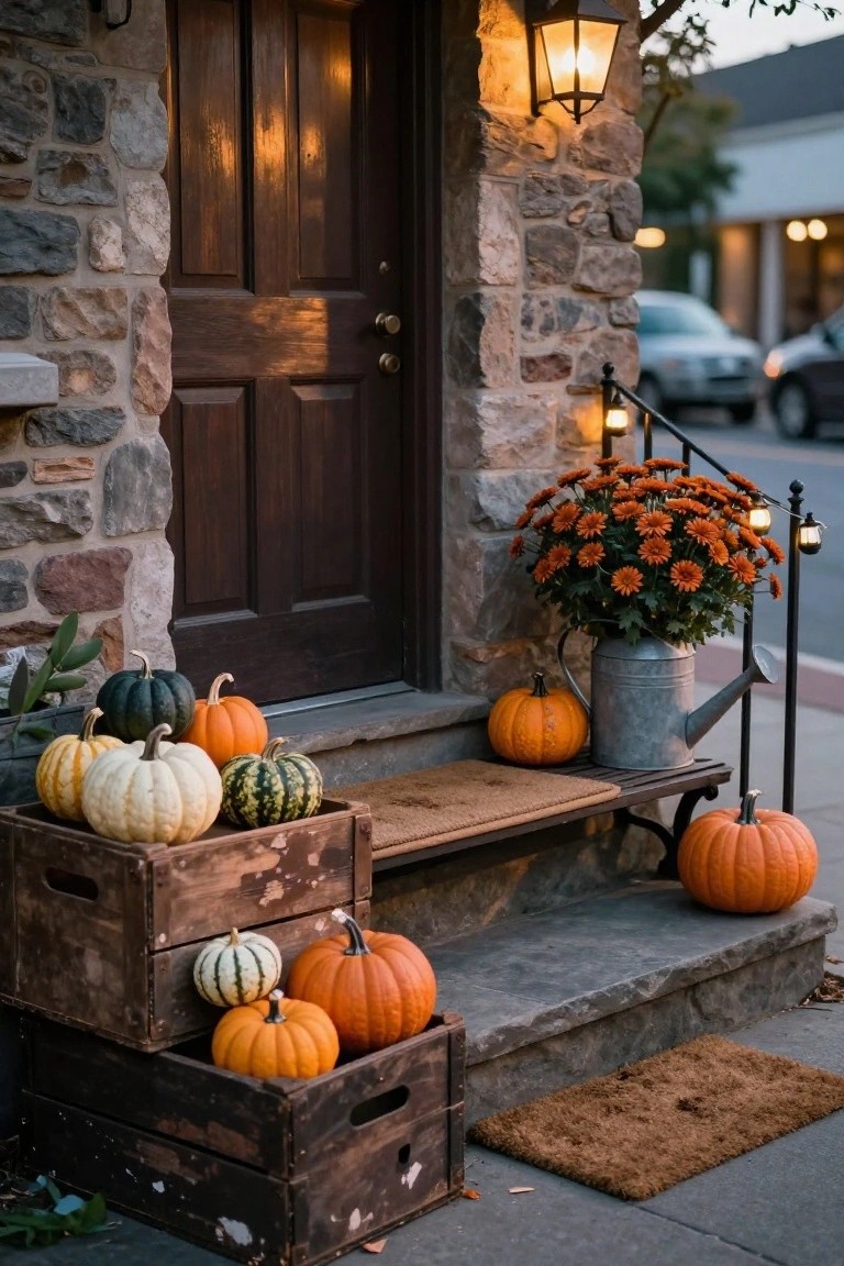 Stone front porch steps leading to a dark wood door, with stacked wooden crates filled with assorted pumpkins in orange, white, green, and striped varieties, chrysanthemums in a metal watering can, lanterns, and a wooden bench.