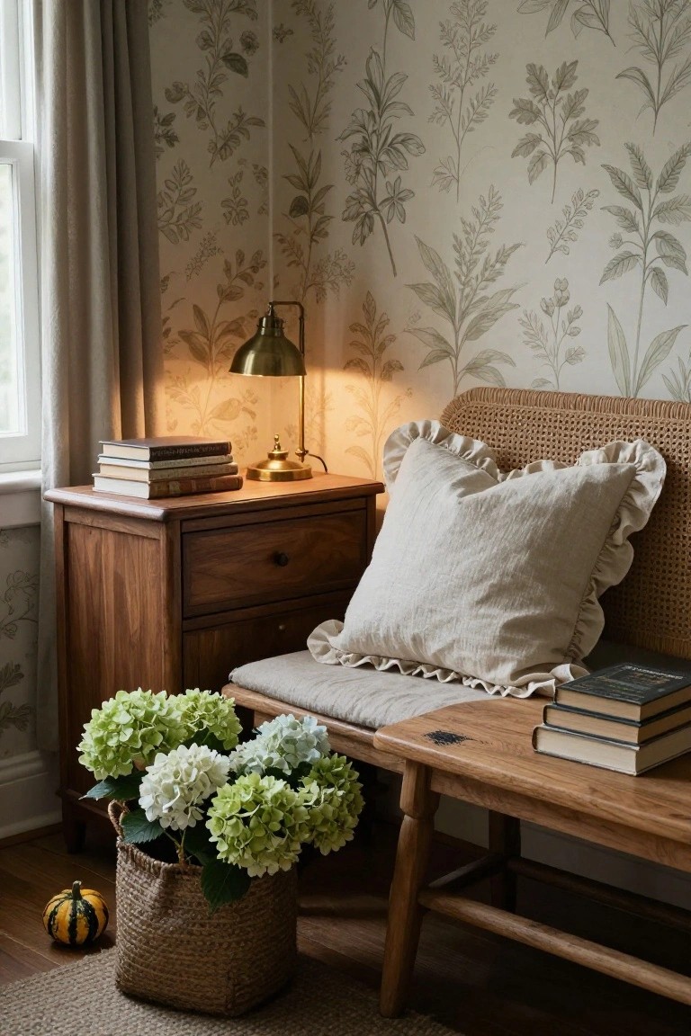 Cozy bedroom corner with beige leafy wallpaper, wooden nightstand holding brass lamp and stacked books, rattan bench with frilled linen pillow and more books, basket of white and green hydrangeas, and small orange pumpkin on wood floor.