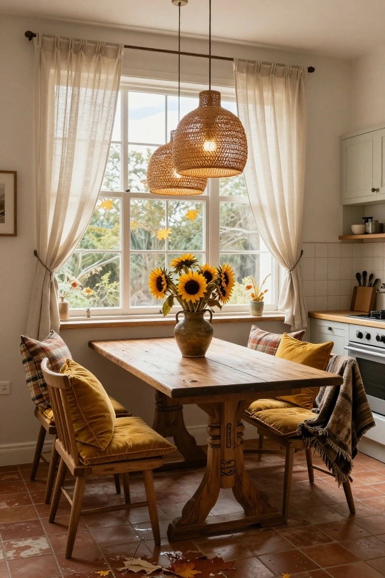 Rustic wooden dining table with sunflowers, yellow cushions, and woven pendant lights.