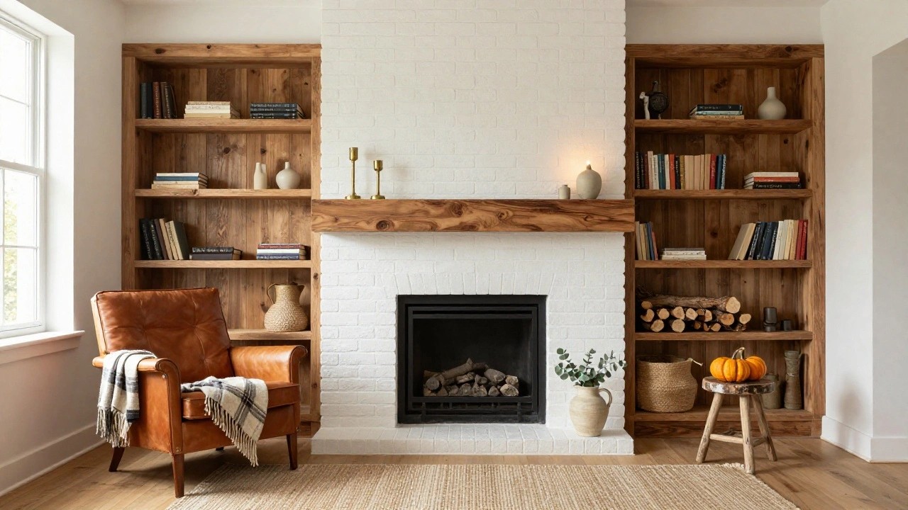 White brick fireplace with thick wooden mantel holding eucalyptus in a vase and brass candlesticks, flanked by wooden bookshelves filled with books, a leather armchair with blanket nearby, small pumpkins and wood stumps on the floor, and a jute rug.