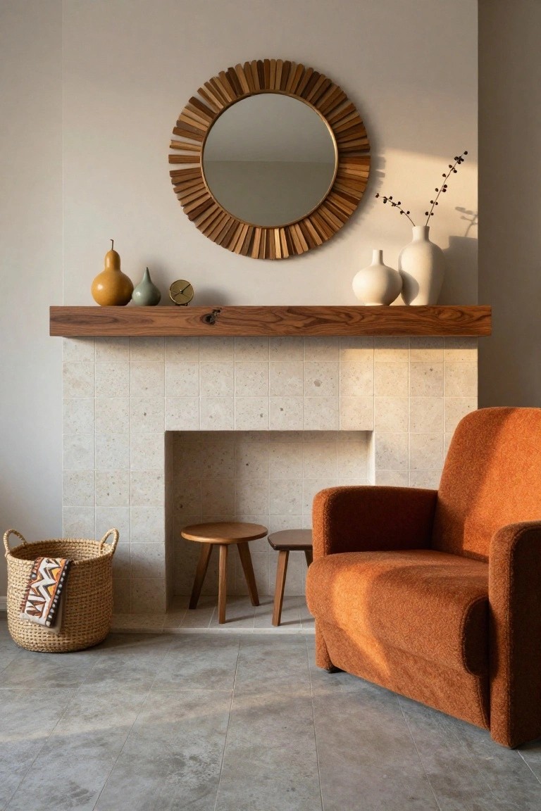 Beige tiled fireplace with wooden mantel holding yellow gourd, green vase, gold clock, and white ceramic vases and orbs; wooden sunburst mirror mounted above; orange upholstered armchair, wooden stool, and wicker basket with towel on gray tile floor nearby.