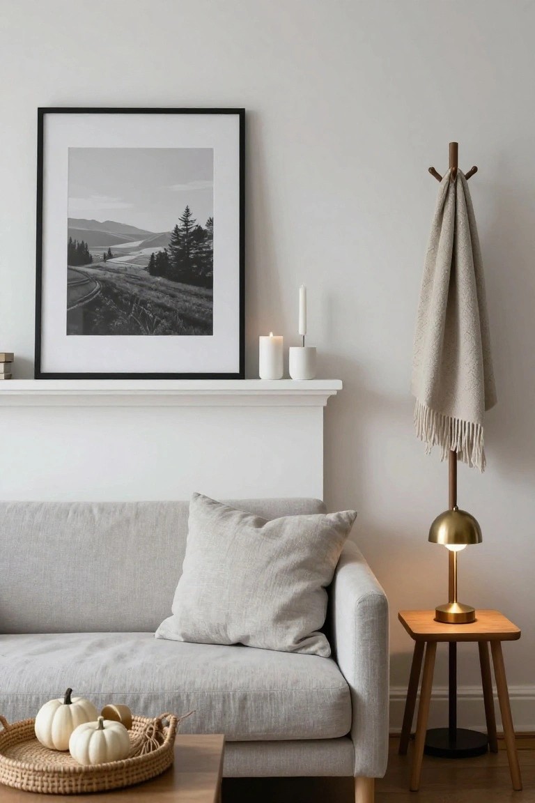 Gray sofa next to a wooden side table with brass lamp and rattan tray holding three white pumpkins, white shelf above with books and lit white candles, black-framed black-and-white landscape photo on wall, coat rack with beige fringed throw.