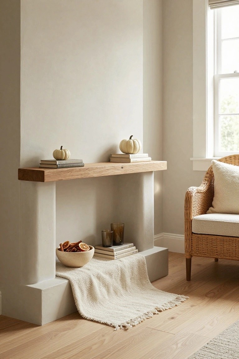 A wooden floating shelf above a white stucco fireplace displays stacked beige books and small white pumpkins, with a bowl of dried oranges and glasses below, next to a white wicker armchair in a beige room with hardwood floors.