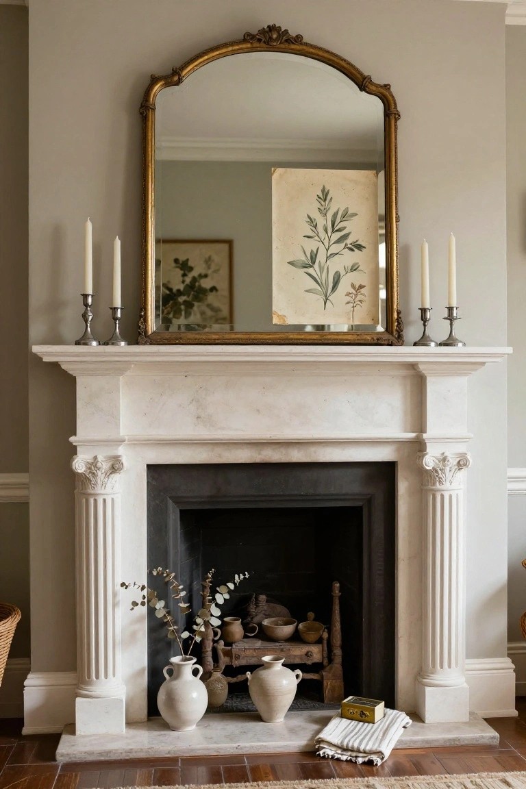 White marble fireplace with Ionic columns and arched black firebox, gold ornate mirror above flanked by silver candlesticks and white candles, terracotta pots holding dried eucalyptus branches on the hearth floor, additional pottery inside the firebox, and a striped towel on the hearth edge in a gray room.