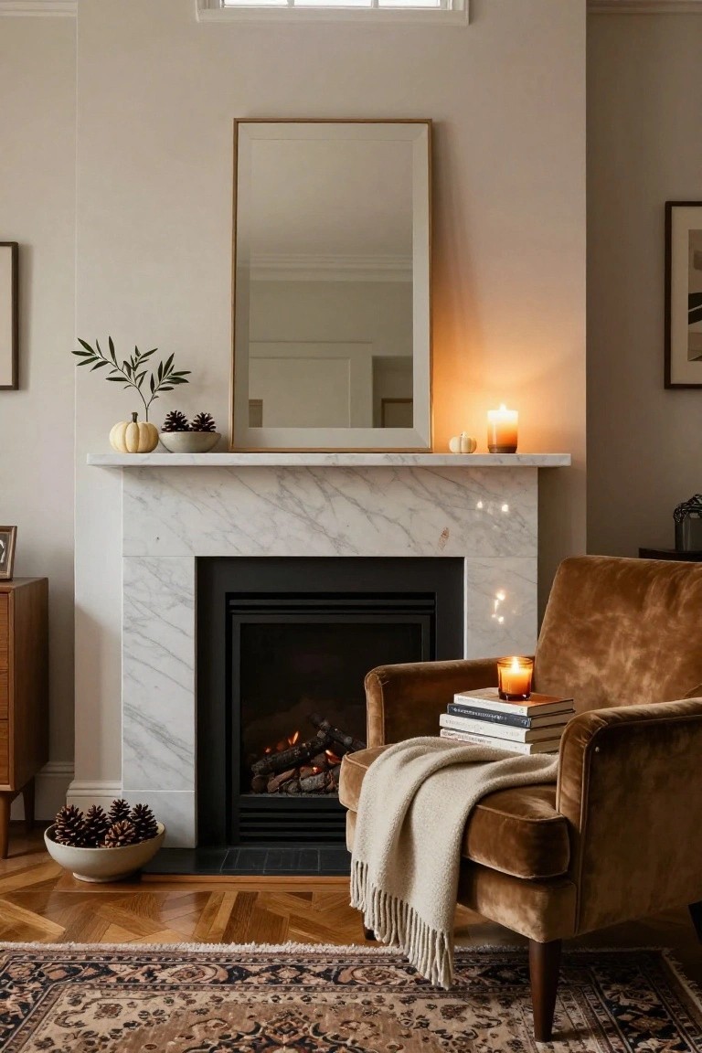 Marble fireplace mantel with small white pumpkins, pinecones in a bowl, candles, and olive branches, next to a brown velvet armchair with books, blanket, and side table in a beige-walled room with parquet floor.