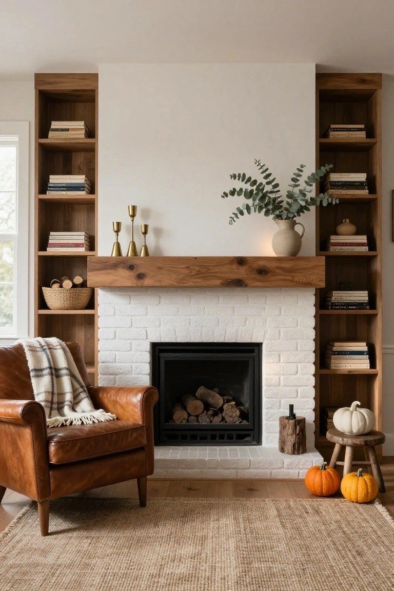 White brick fireplace with thick wooden mantel holding eucalyptus in a vase and brass candlesticks, flanked by wooden bookshelves filled with books, a leather armchair with blanket nearby, small pumpkins and wood stumps on the floor, and a jute rug.