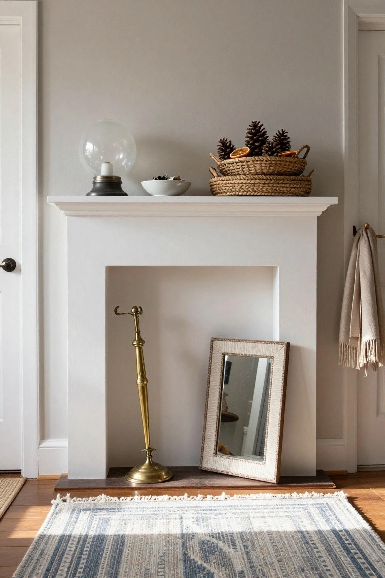 White fireplace mantel holding stacked woven baskets with pinecones and dried oranges, a glass lamp, and white bowl; gold fire tool, leaning mirror, and beige throw below on wall, blue woven rug on wood floor.