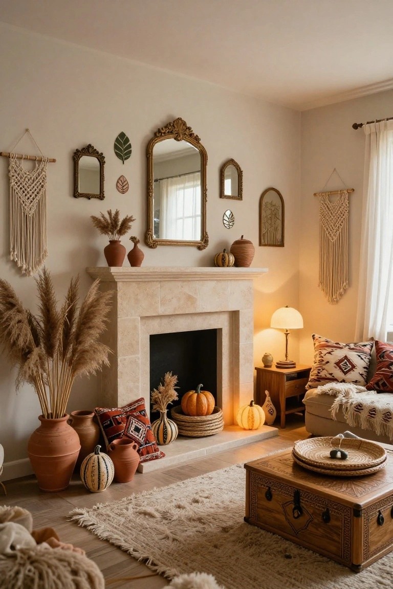 Beige living room with limestone fireplace mantel decorated with tall pampas grass in vases, pumpkins in terracotta pots, woven baskets, small ornate mirrors on walls, macrame hangings, neutral sofa with patterned pillows, and wooden trunk coffee table on light rug.