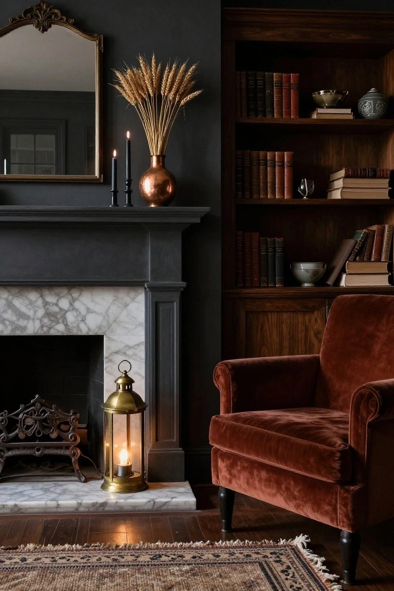 Dark interior room featuring a black-painted fireplace mantel with tall wheat stalks in a copper vase flanked by black candles, a brass lantern on the marble hearth, rust velvet armchair, wooden bookshelves, and oriental rug.