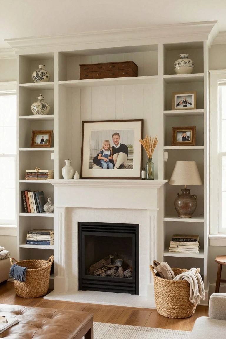 White brick fireplace with mantel holding a white pitcher, small white vase, green glass bottle with dried wheat stalks, and a small white vase, flanked by tall built-in white bookshelves with books, ceramics, frames, and seagrass baskets at the base in a living room with wood floors and sofa.
