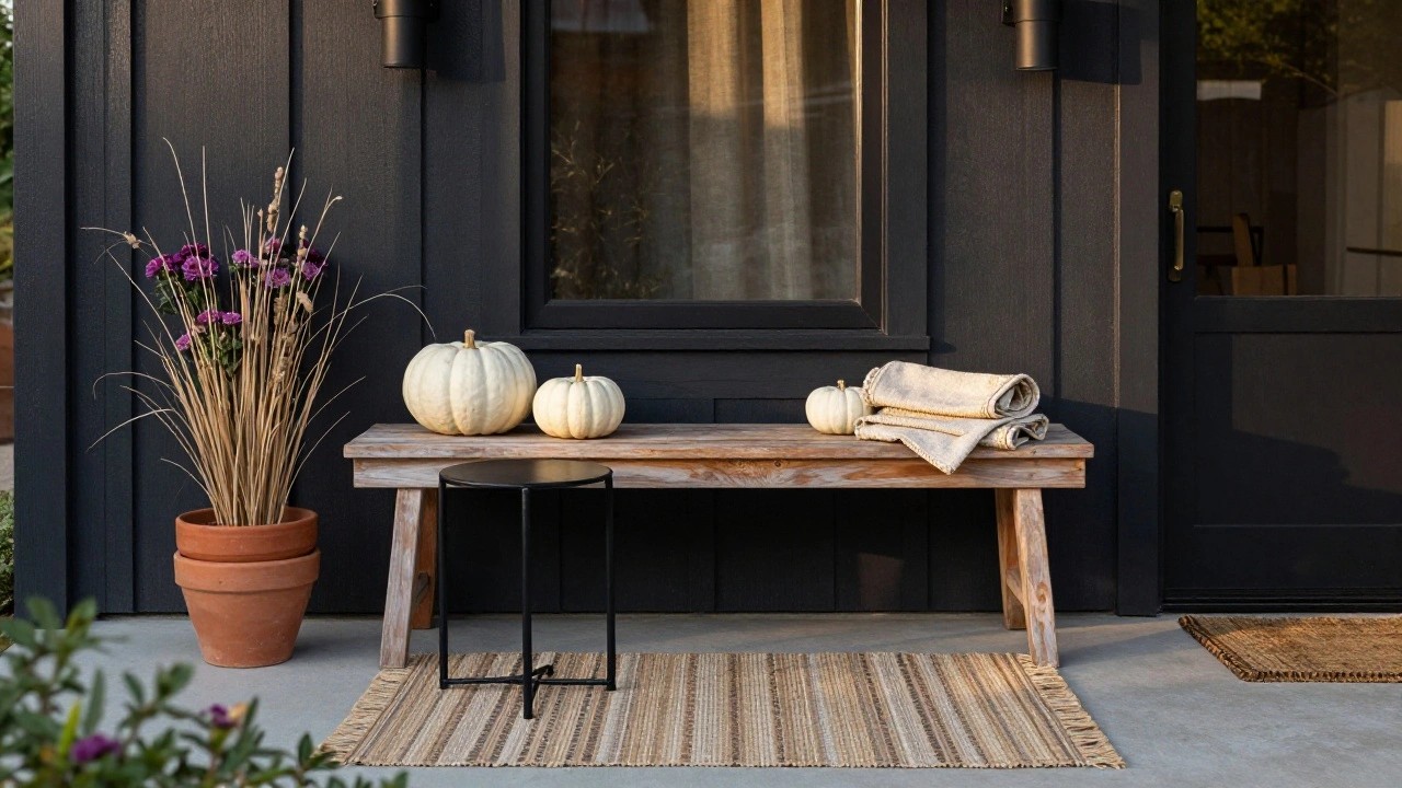 A wooden bench on a covered porch holds several white pumpkins, with potted pampas grass and purple mums nearby, a black metal side table, seagrass rug, and wicker basket next to black sliding glass doors.