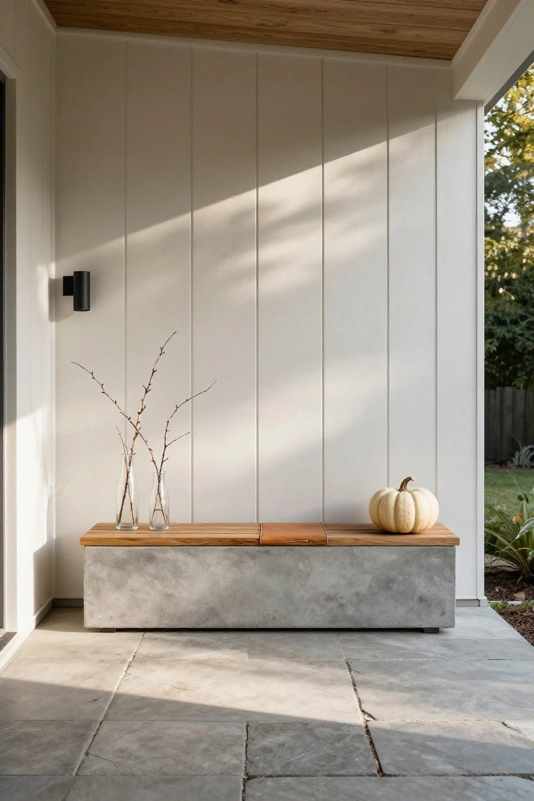 Gray concrete bench topped with light wood holds two glass vases of thin branches and a small white pumpkin on a light gray tiled porch against white vertical board wall with black wall light and wooden ceiling.