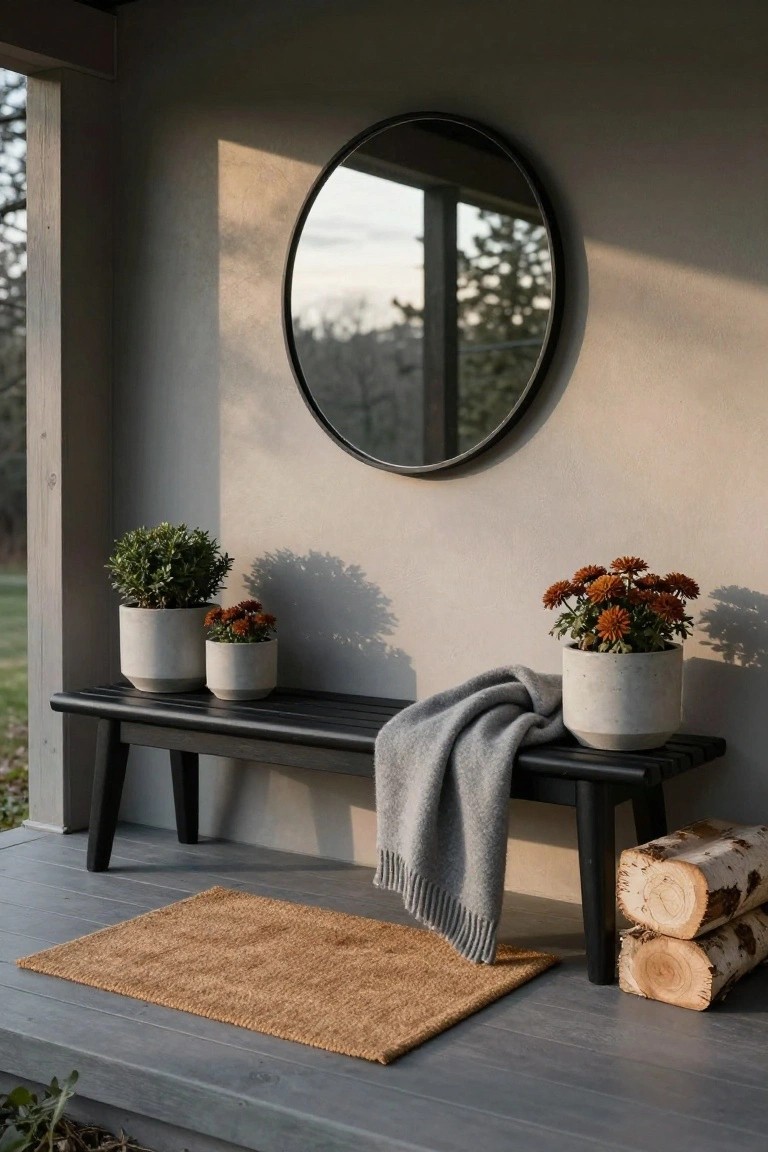 Black wooden bench on a covered porch deck with three white ceramic pots containing plants including boxwood and orange chrysanthemums, a gray wool throw draped over the bench, stacked birch logs beside it, a beige seagrass rug in front, and a large round black-framed mirror on the light gray wall.