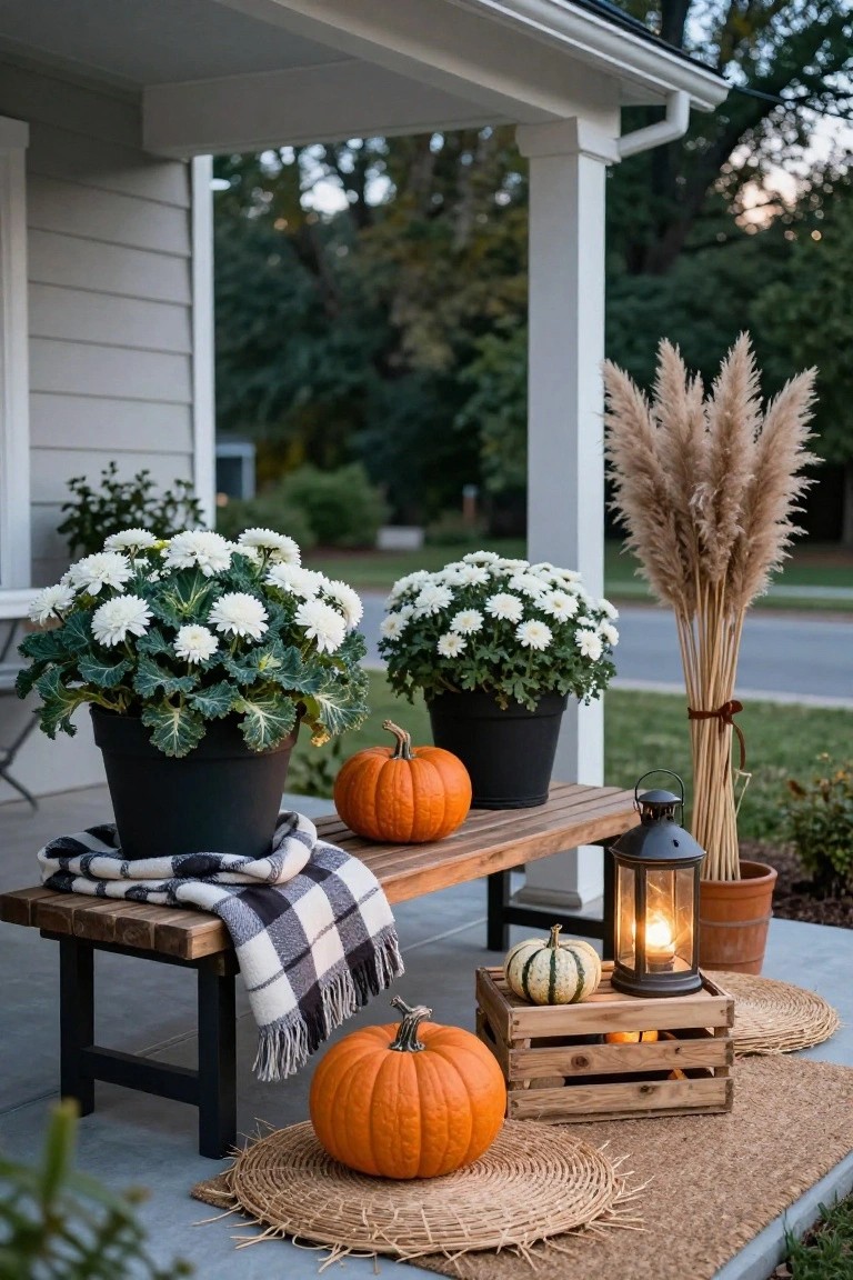 Autumn porch with pumpkins, mums, lantern, and pampas grass decor.