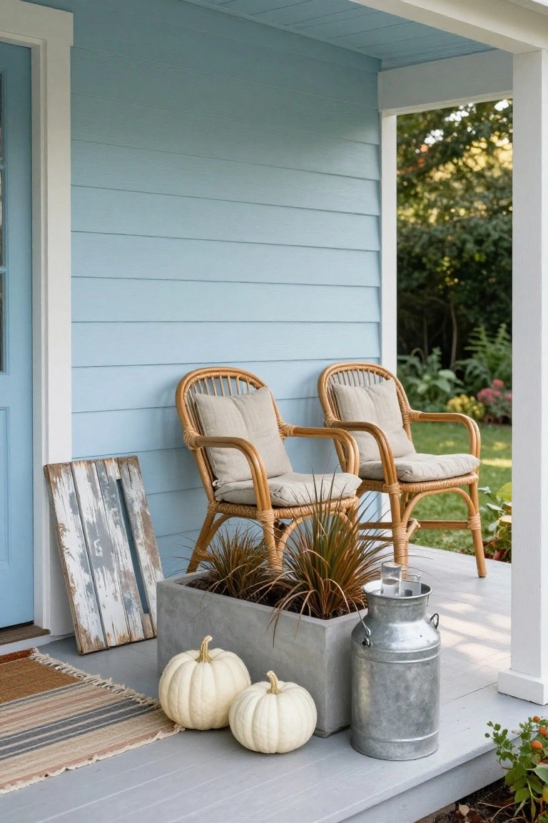 Light blue clapboard house front porch with two rattan armchairs with beige cushions, potted grass plant, two white pumpkins, galvanized milk can, wooden sign leaning against wall, and striped rug on gray deck.