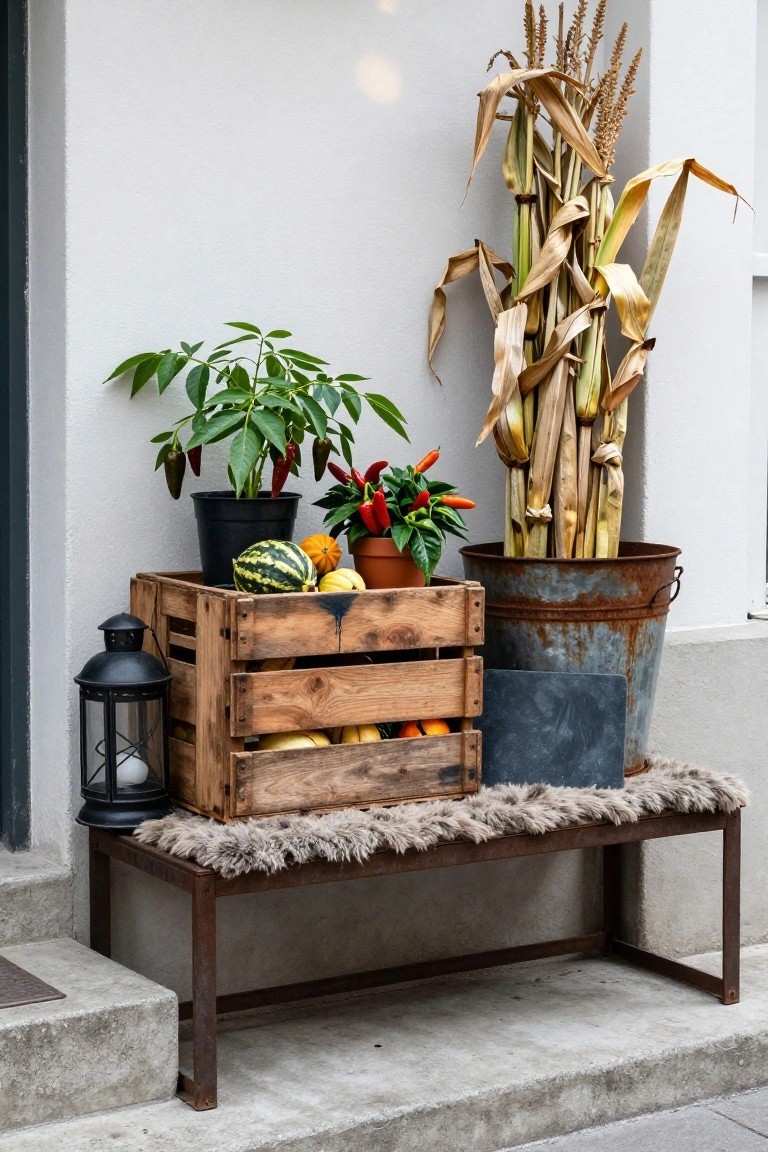 Front porch steps displaying a wooden crate filled with pumpkins, gourds, and oranges, potted plants including peppers, corn stalks in a rusty metal bucket, a black lantern, and a bench covered with sheepskin.