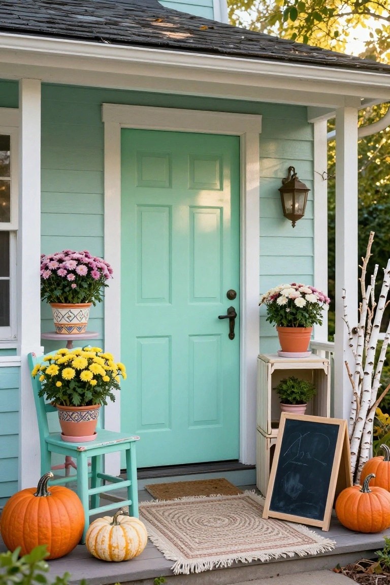 Light turquoise clapboard house with matching front door on a porch, decorated with potted pink and yellow chrysanthemums at varying heights, white mums in a wooden crate shelf, pumpkins on steps, a turquoise chair, chalkboard sign, lantern, birch branches, and a woven mat.