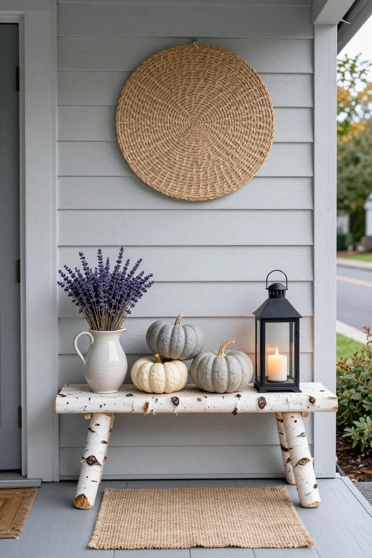 Front porch of gray clapboard house featuring white birch log bench with white pitcher of lavender, white and blue-gray pumpkins, black metal lantern with candle, seagrass wreath on wall, and jute rug on porch floor.