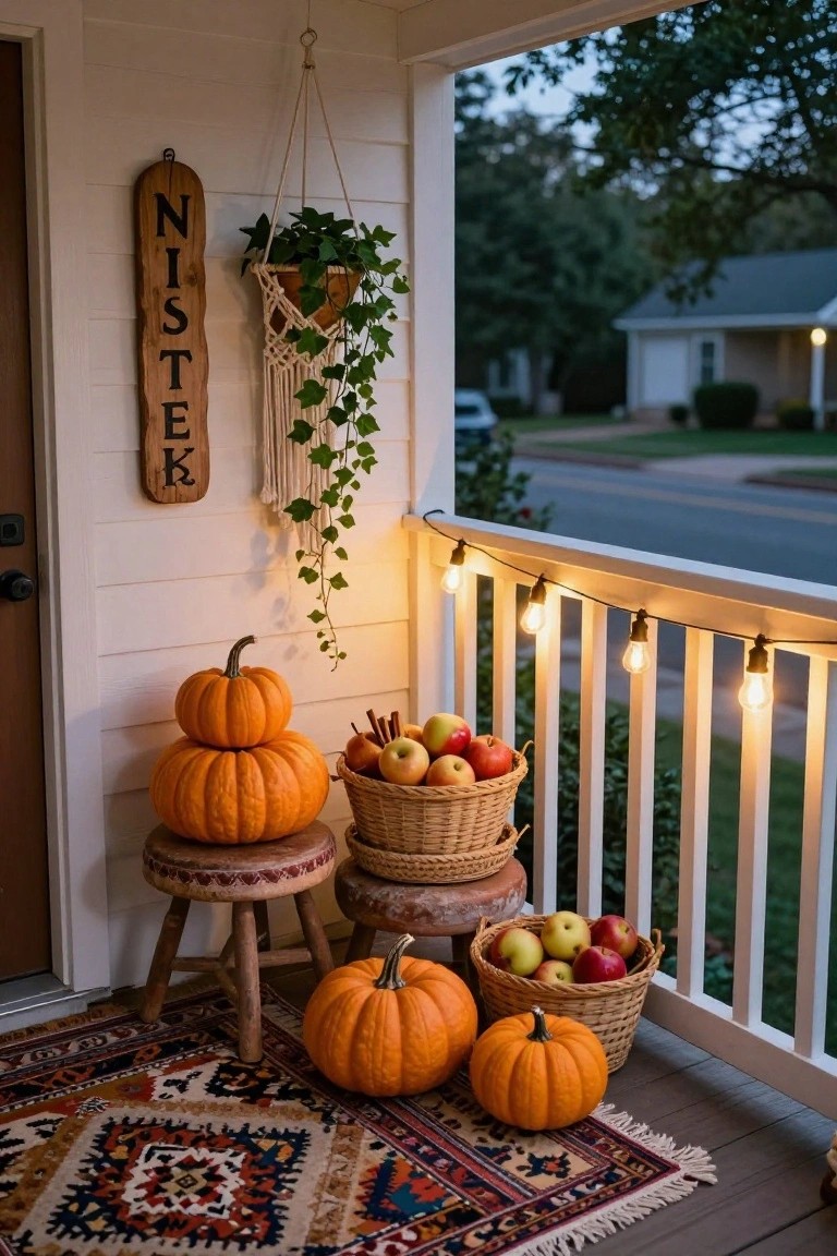 Front porch with white siding and dark wood door, featuring a wooden sign reading NISTERK, hanging macrame plant, stacked orange pumpkins on wooden stools, woven baskets filled with apples and cinnamon sticks, string lights on railing, and a patterned outdoor rug on the deck.