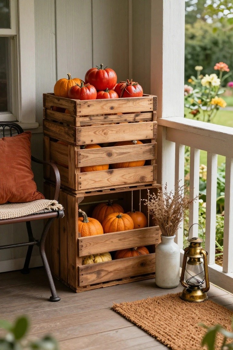 Stack of wooden crates on a front porch filled with orange pumpkins of various sizes, next to a metal chair with rust-colored cushions, a white vase of dried branches, lanterns, and a garden view beyond the railing.