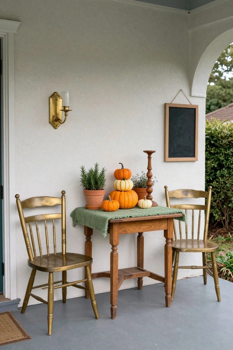 White stucco porch under an archway with two gold-painted wooden chairs flanking a small wooden table covered in green cloth and topped with stacked orange and white pumpkins, potted rosemary, candle holder, wall lantern, and hanging blackboard.