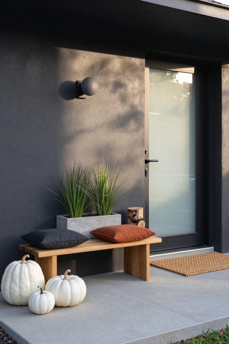 Dark gray textured front porch wall with black wall lights, frosted glass door, wooden bench with gray and rust pillows, concrete pot of grasses, wood log stool, three white pumpkins, and woven doormat on concrete step.