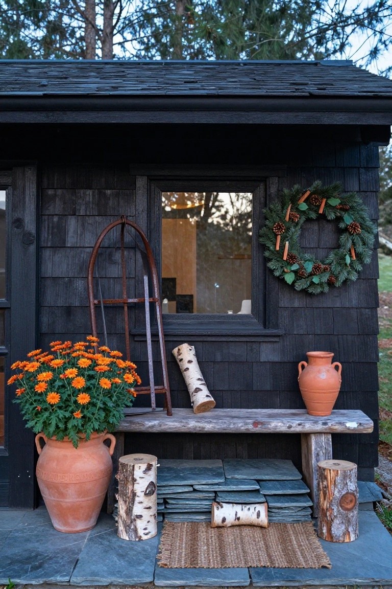 Small black shingled outdoor shed with single window hung with evergreen wreath featuring pinecones and cinnamon sticks, rustic bench beside potted orange chrysanthemums and terracotta vases, birch log accents on slate patio steps.