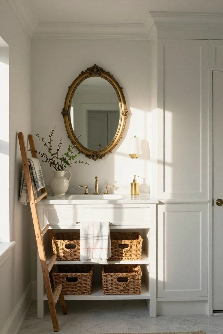 White bathroom vanity with marble countertop and gold faucet below an ornate gold-framed mirror, wooden ladder shelf holding draped towels, wicker baskets, and a white jug of branches on the side, with white cabinetry and natural light.