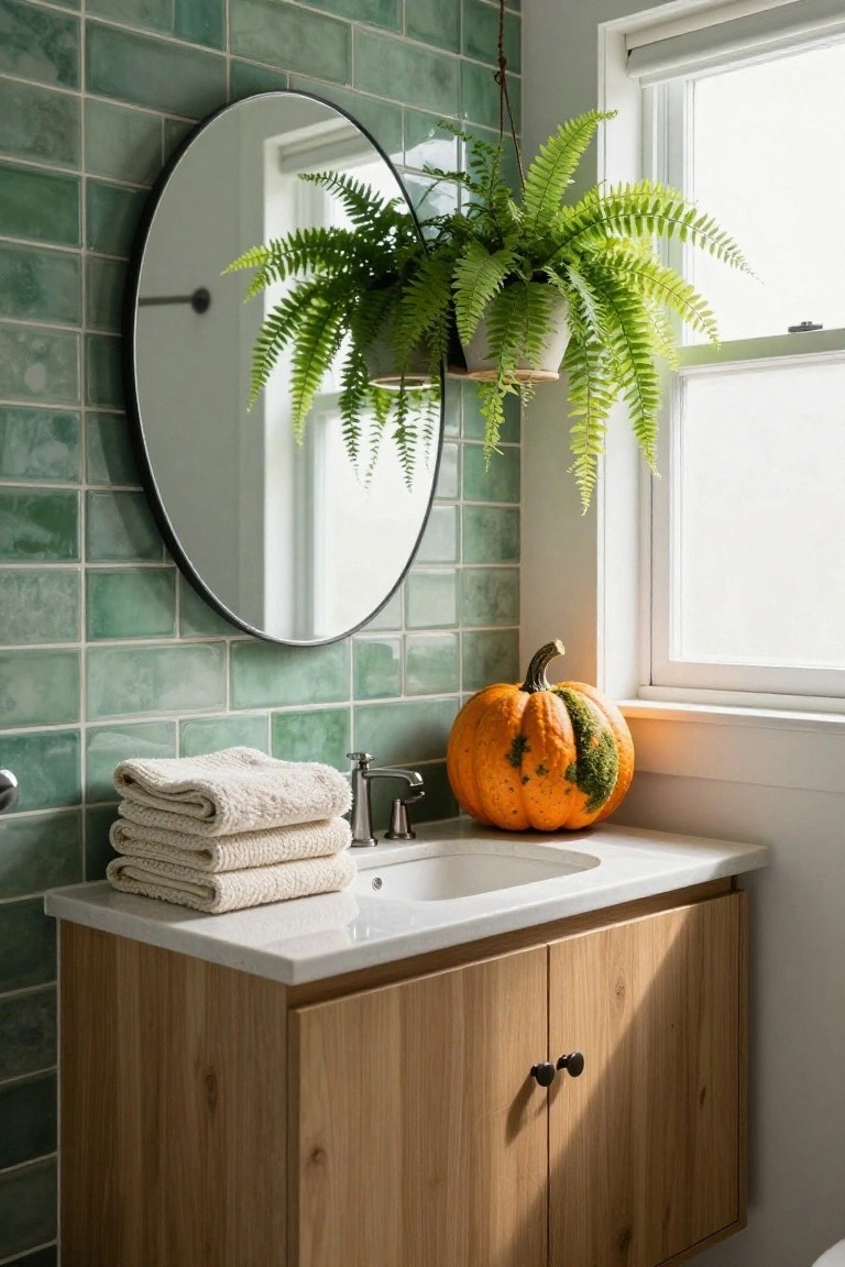 Bathroom vanity with white sink, stacked white towels, orange pumpkin with green spots, wooden cabinets, round black mirror, green subway tile walls, hanging fern plant, and window.