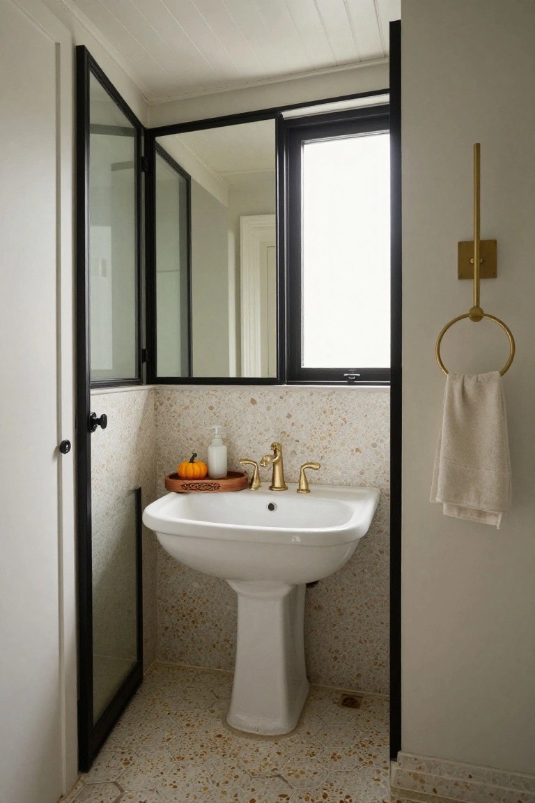 Compact bathroom with white pedestal sink and gold faucet on terrazzo tiled wall, wooden tray holding small orange pumpkins and white soap dispenser beside sink, black framed glass shower doors, gold towel ring with beige towel on adjacent wall, terrazzo hex tile floor.