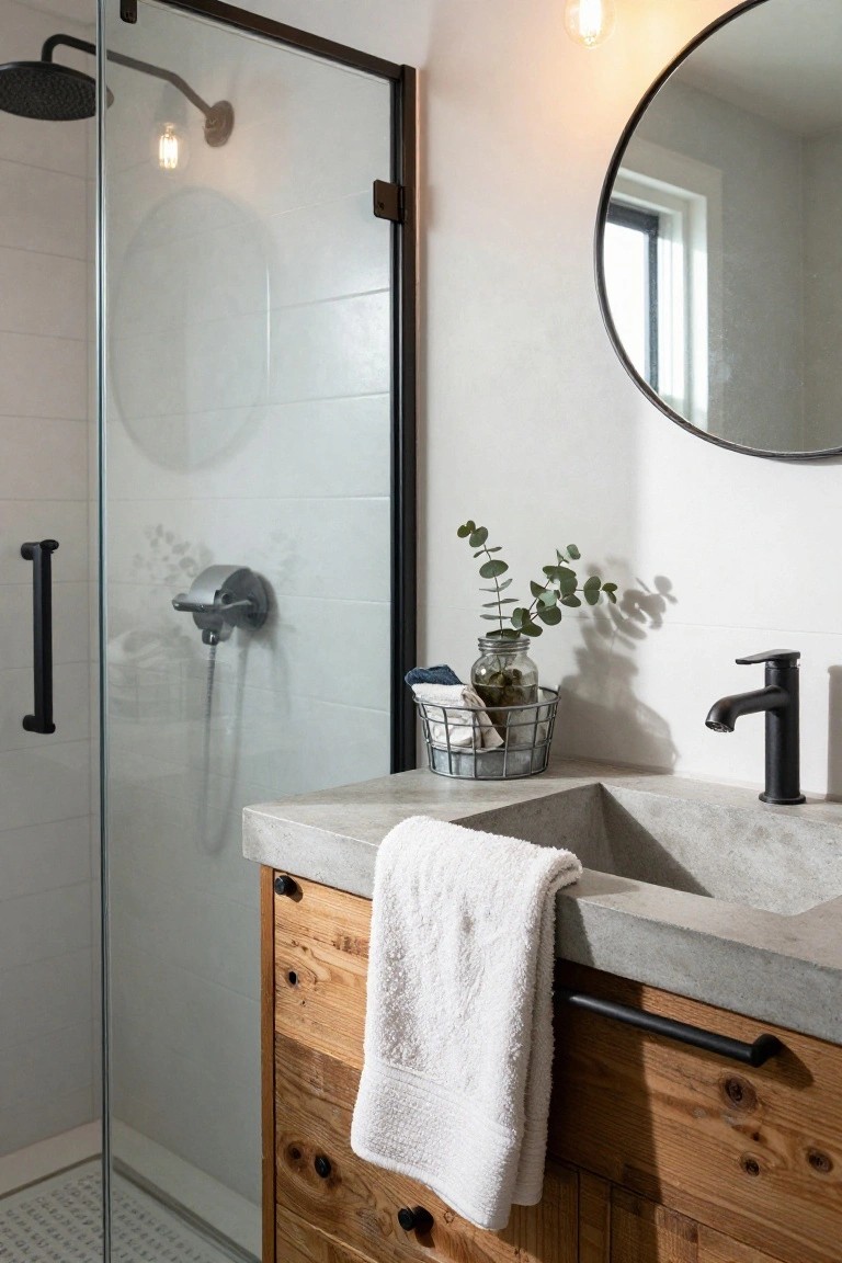 Modern bathroom with frameless glass shower enclosure, wooden vanity topped by concrete sink and black faucet, white towel draped over edge, metal basket with eucalyptus on counter, and round black mirror on white tiled wall.