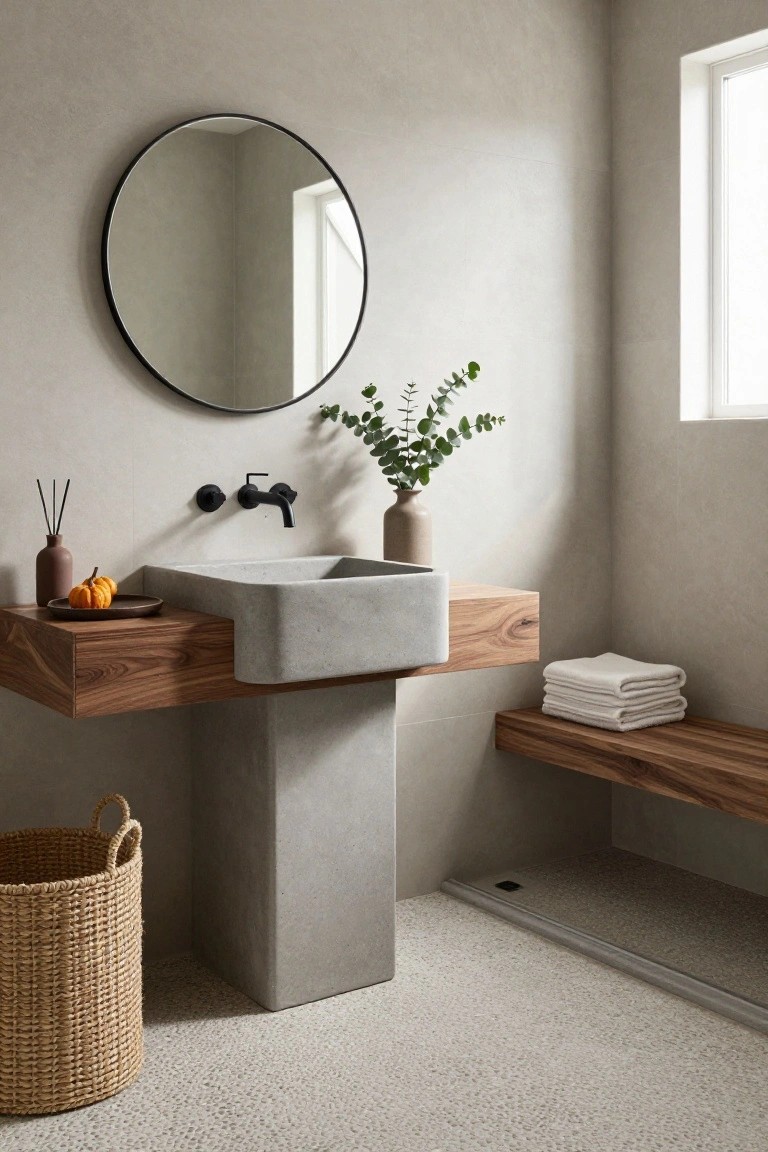 Minimalist bathroom with rectangular concrete sink set into floating walnut wood shelves, round black-framed mirror above, eucalyptus in vase and mini pumpkins on shelf, reed diffuser, woven basket on floor, stacked white towels on wood bench, pebble tile floor, neutral walls, and window.
