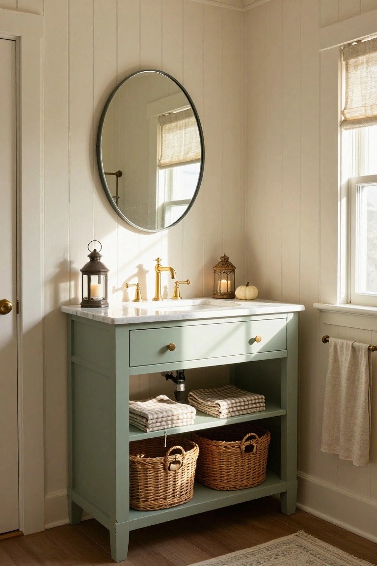 A sage green console vanity with marble countertop and brass faucet in a white shiplap-walled bathroom corner, oval mirror above, lanterns and small pumpkin on the sink, open shelves below holding folded towels and two wicker baskets.