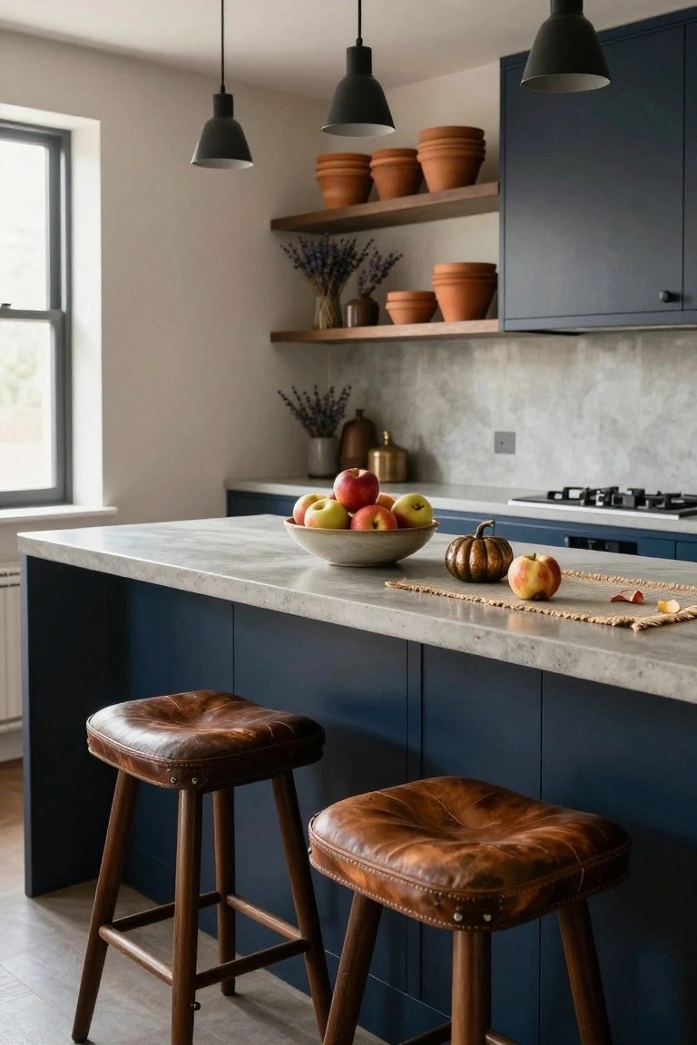 Kitchen with navy blue lower cabinets and island, light gray veined countertop displaying a woven bowl of red apples, small pumpkins, and a brass pumpkin, flanked by two tan leather bar stools with wood legs, black pendant lights hanging above, terracotta pots on open shelves, and a window to the side.