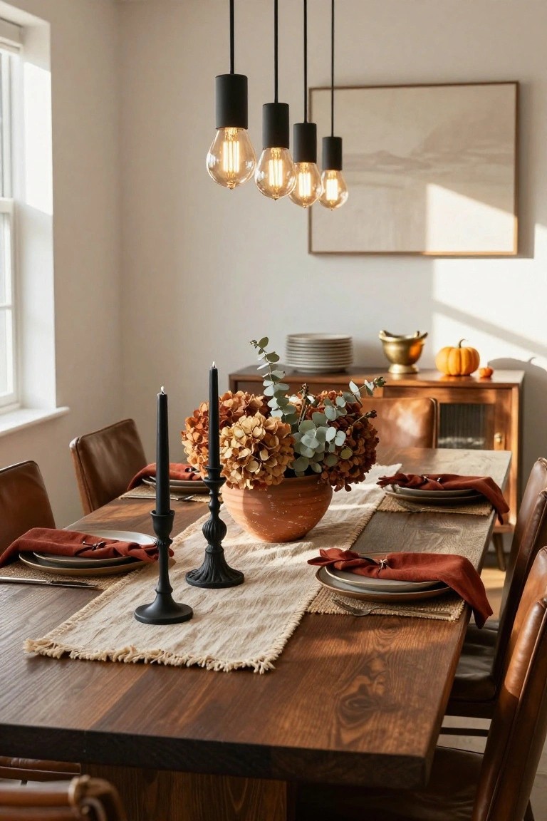 Dining room with dark wood table set for fall, featuring central terracotta vase of dried orange hydrangeas and eucalyptus, flanked by black metal candlesticks, rust napkins and plates, beige fringed runner, tan leather chairs, black pendant lights overhead, and sideboard with brass urn, stacked plates, and small pumpkins.