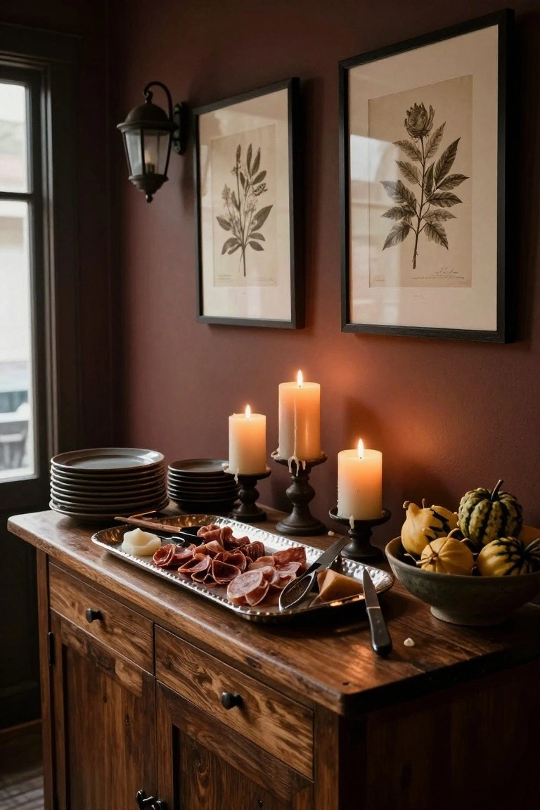 Wooden sideboard against maroon walls displays a silver tray of sliced meats, cheese, and bread with knives and spoons, next to stacked gray plates, taper candles on black candlesticks, and a bowl of small pumpkins and gourds.